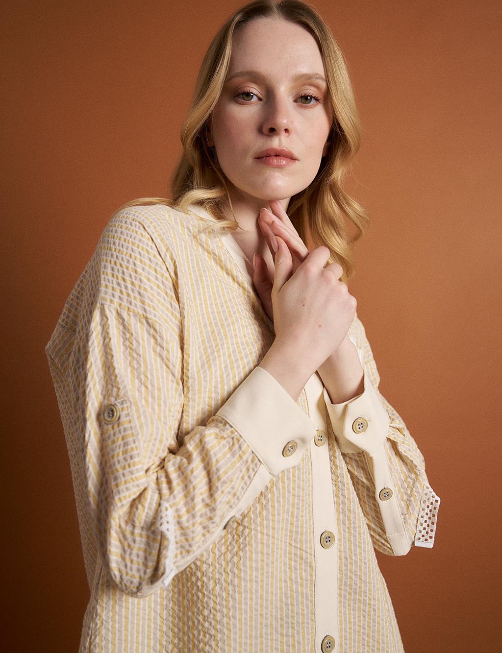 Lace Mixed Waffle Jacket Beige-Mustard