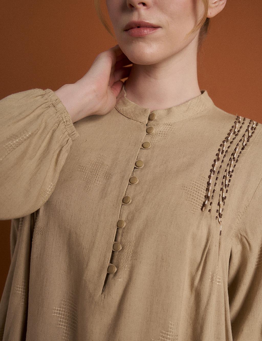 Embroidered Half Patch Tunic Beige