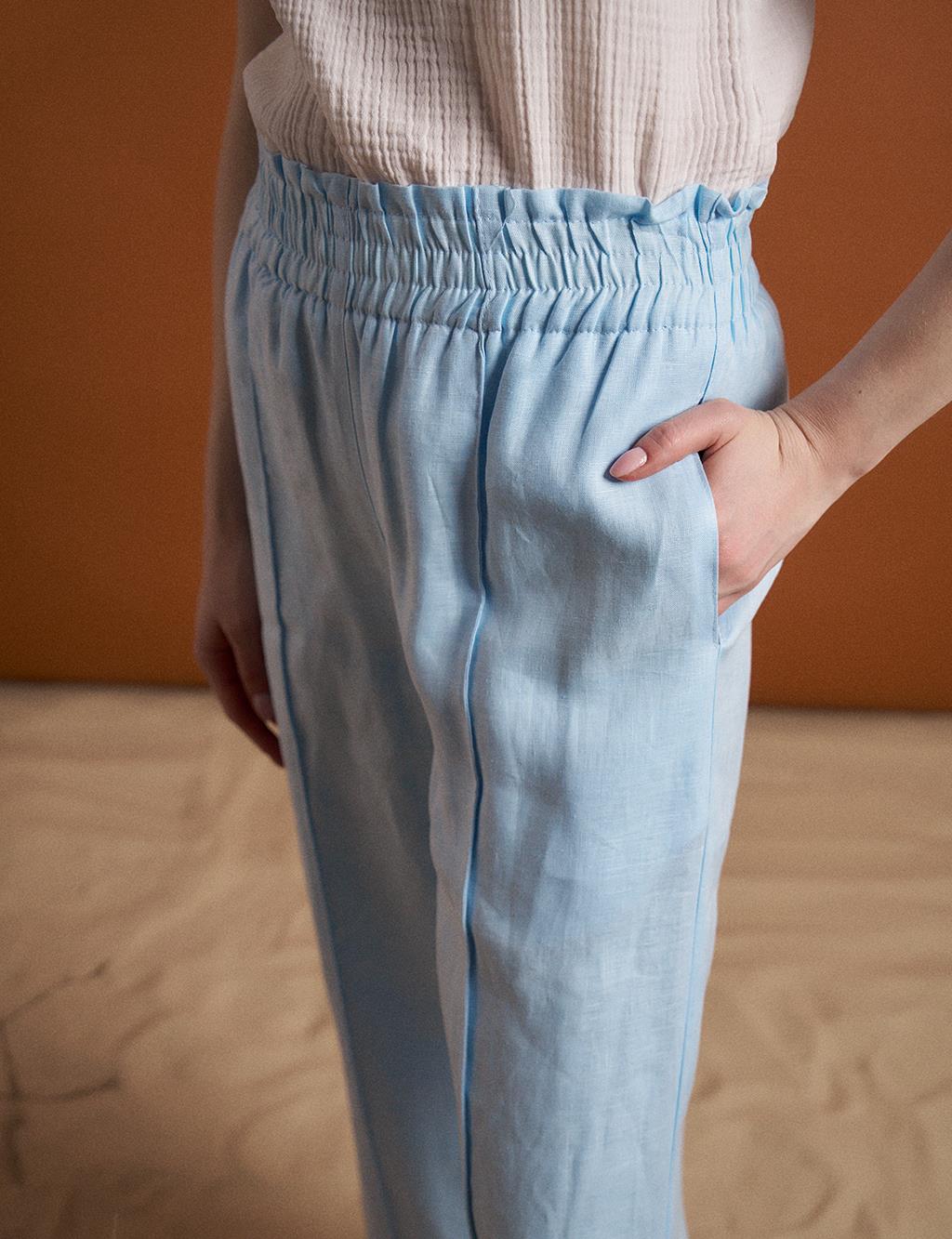 Elastic Waist Linen Trousers Blue