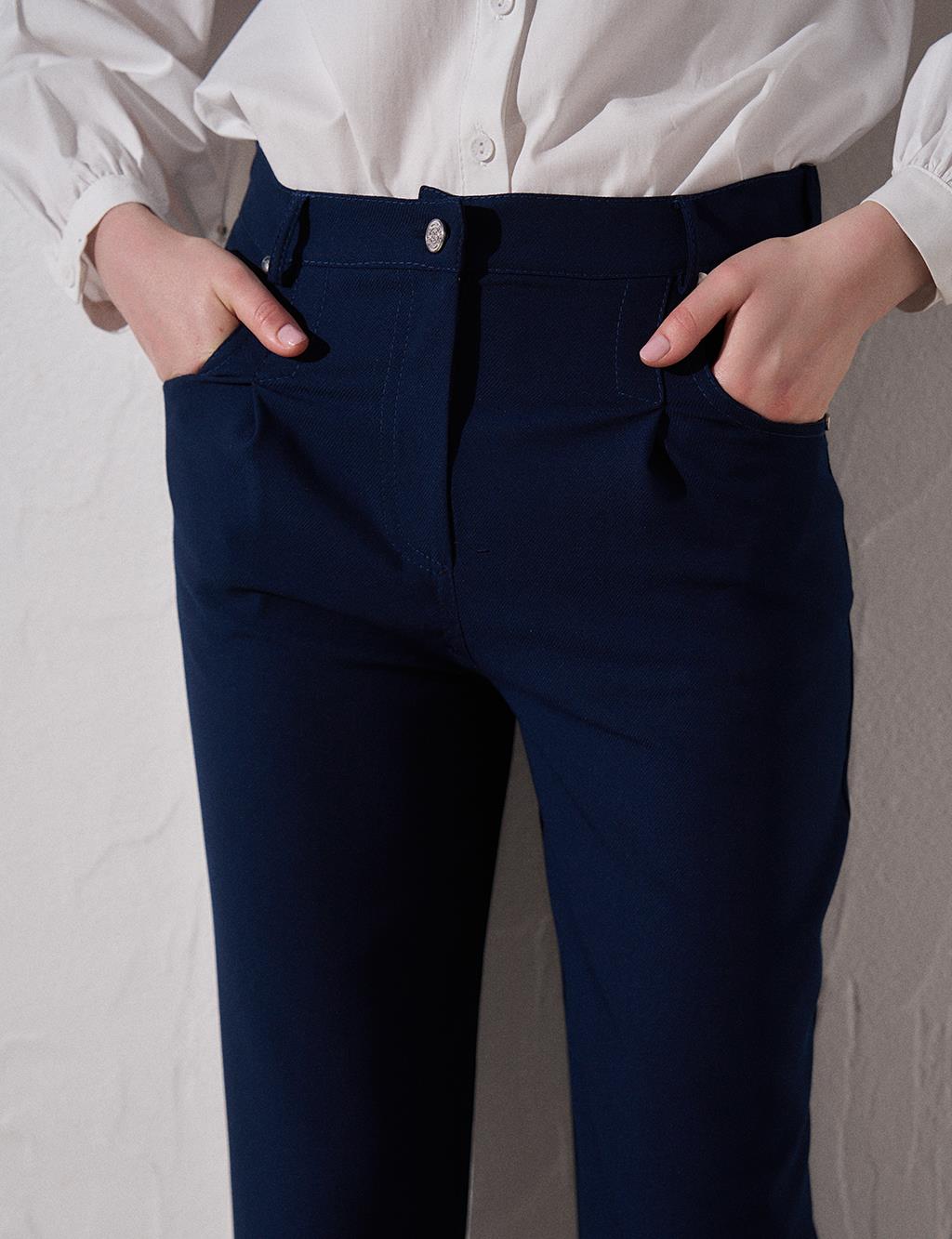Elastic Waist Carrot Trousers Dark Navy Blue