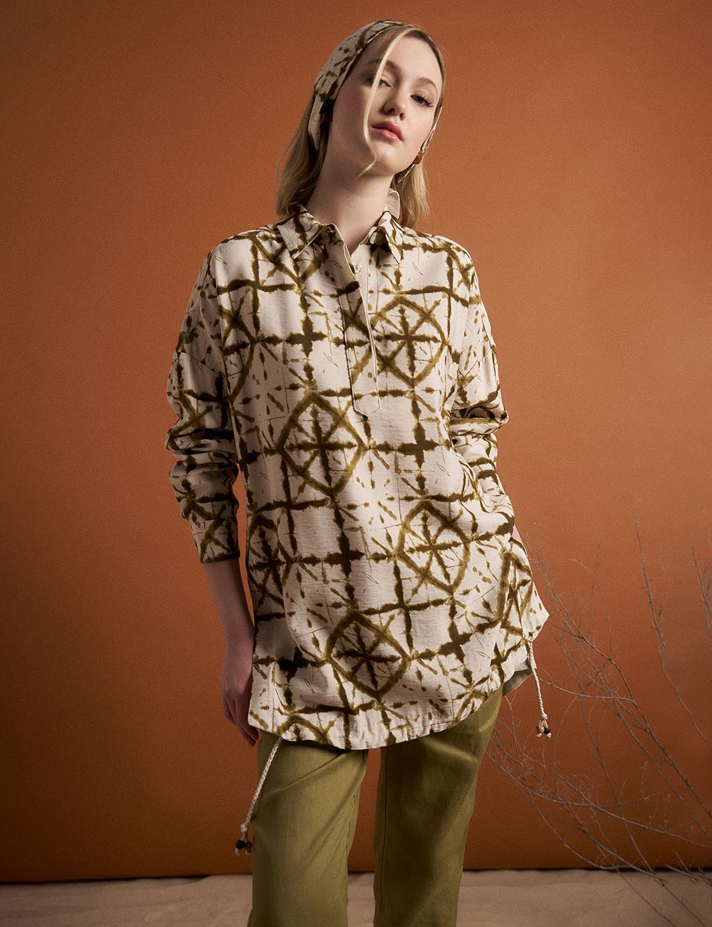 Abstract Patterned Natural Fabric Mixed Tunic Khaki