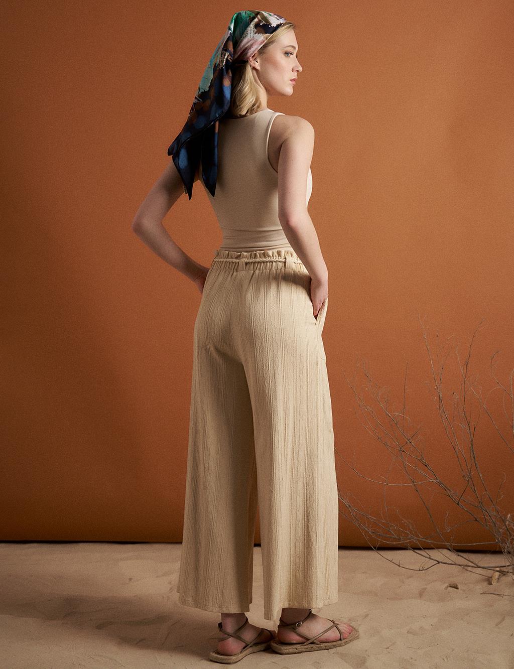 Elastic Waist Wide Leg Pants Cream