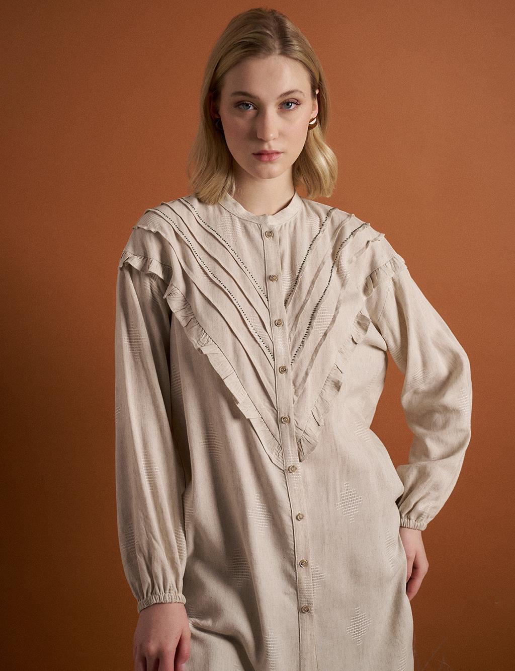 Linen Blend Frilled Embroidered Tunic in Cream