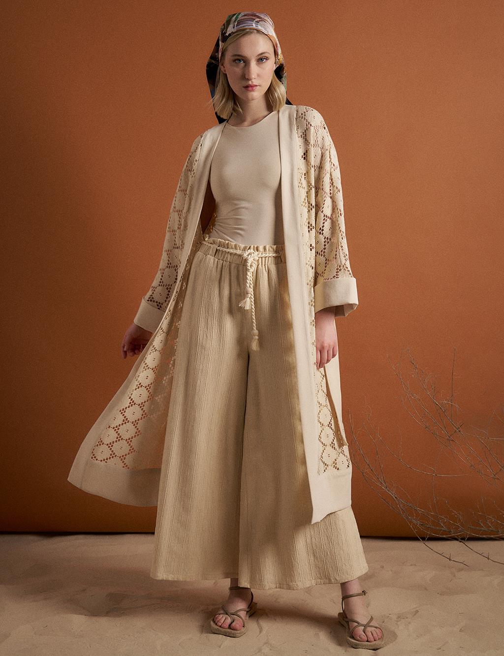 Elastic Waist Wide Leg Pants Cream