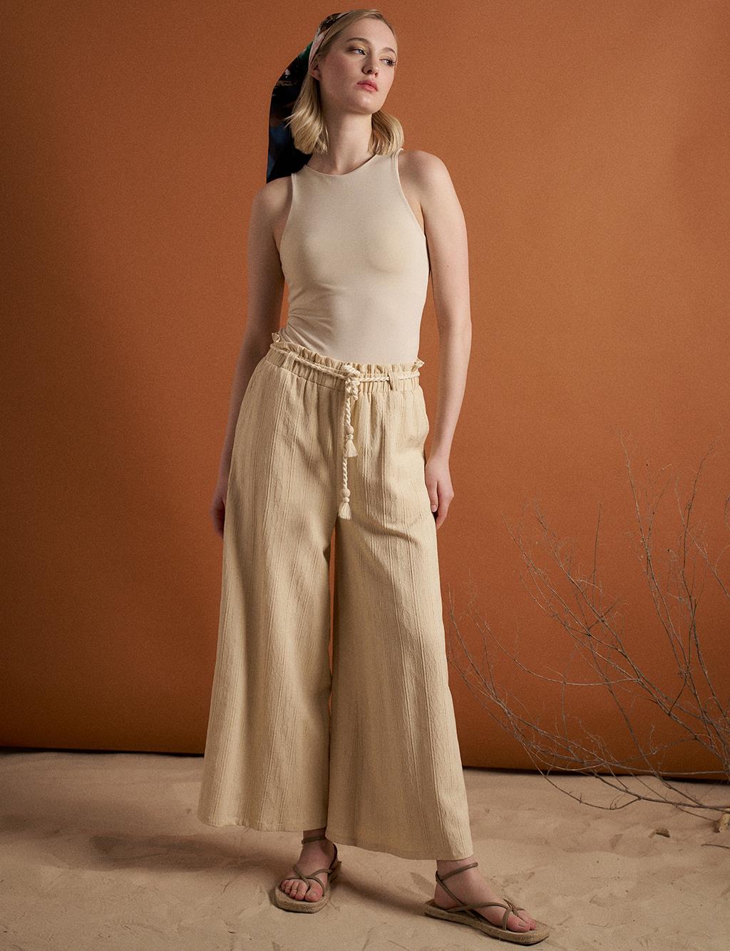 Elastic Waist Wide Leg Pants Cream