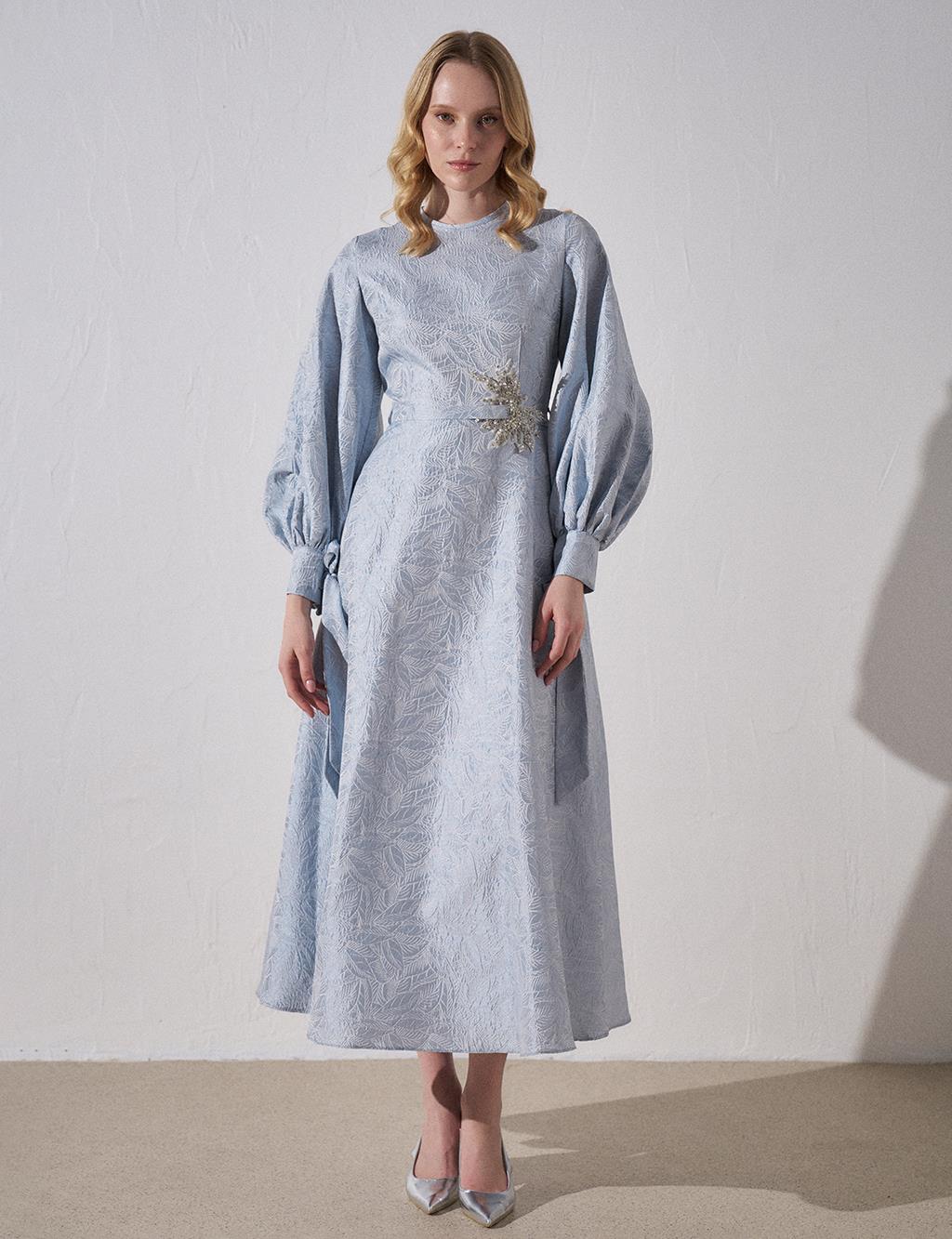 Embroidered Detailed Jacquard Dress Sea Ice