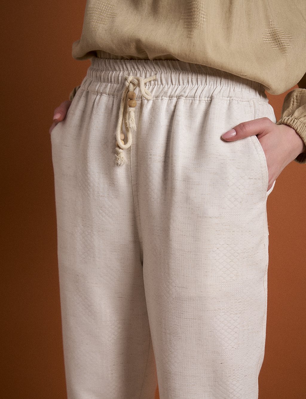 Elastic Waist Linen Blend Pants in Ecru