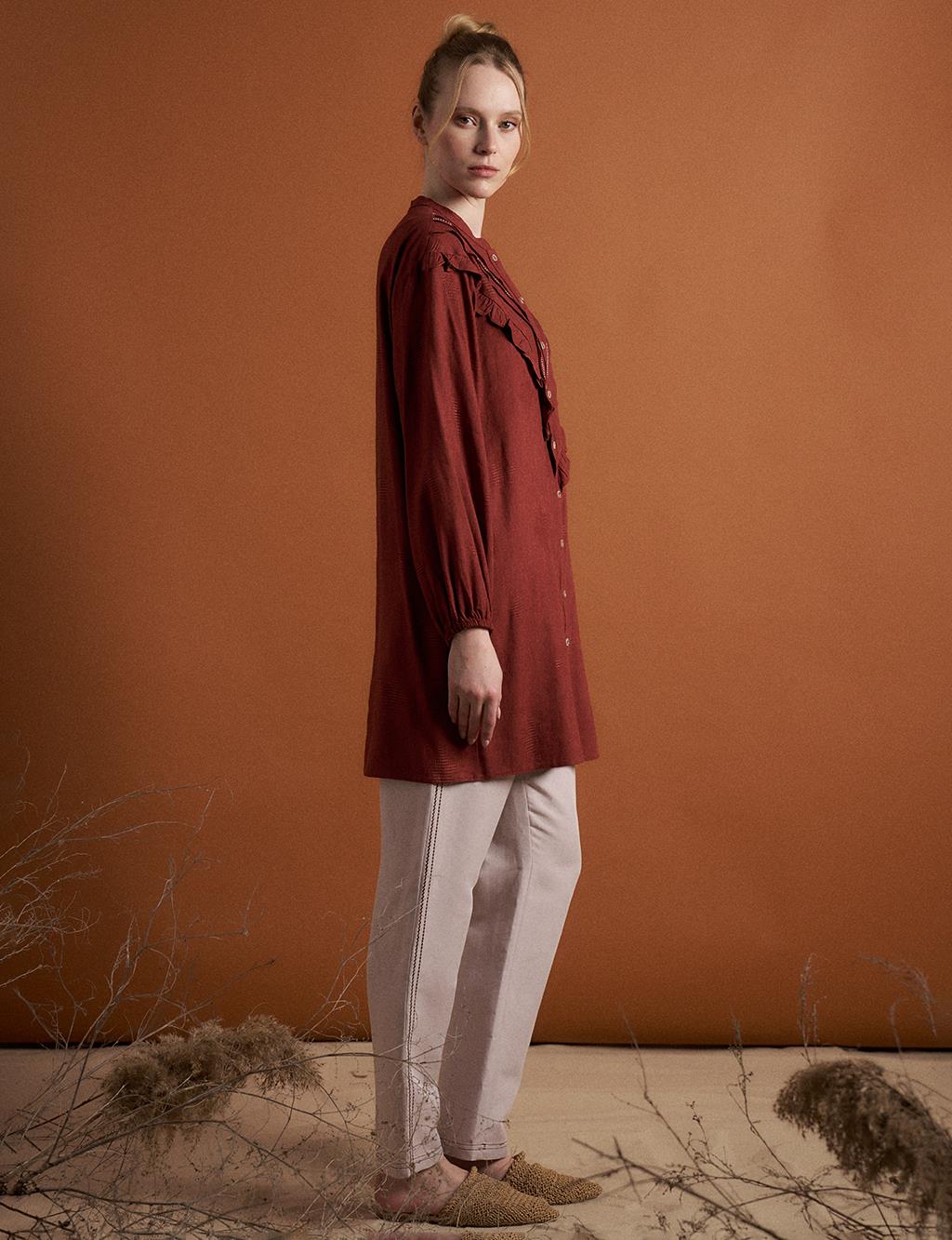 Linen Blend Frilled Embroidered Tunic in Terra Cotta