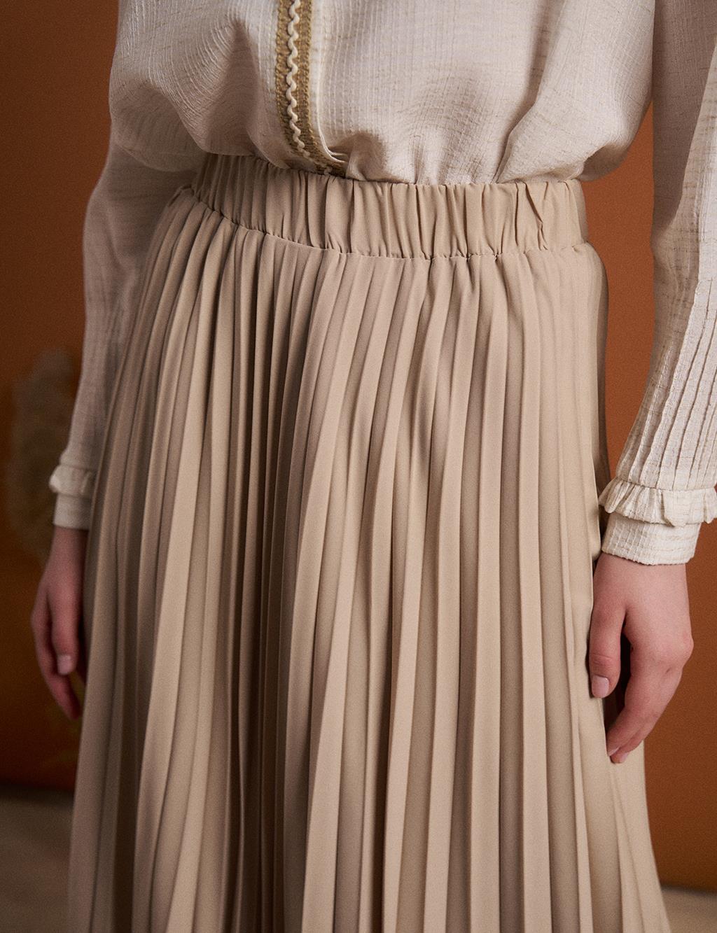 Pleated Skirt with Elastic Waist Sand Beige