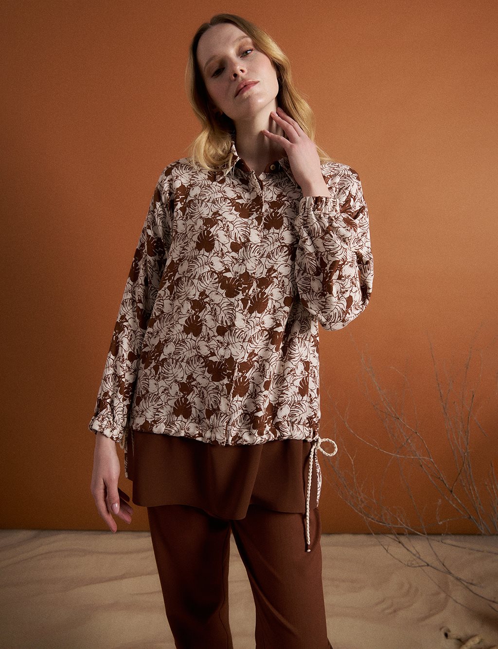 Linen Blend Floral Patterned Embellished Tunic Brown