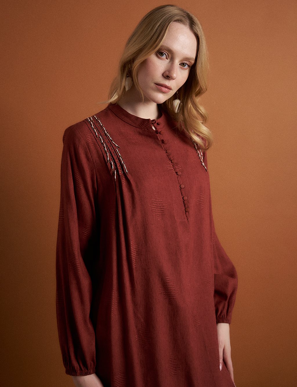 Embroidered Half Patch Tunic Henna Color