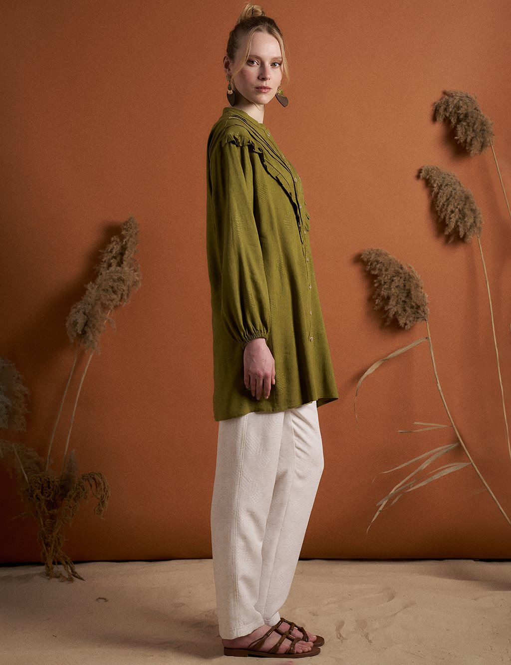 Linen Blend Frilled Embroidered Tunic in Khaki