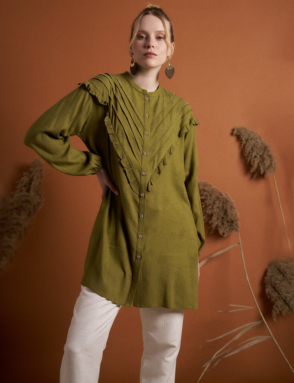 Linen Blend Frilled Embroidered Tunic in Khaki