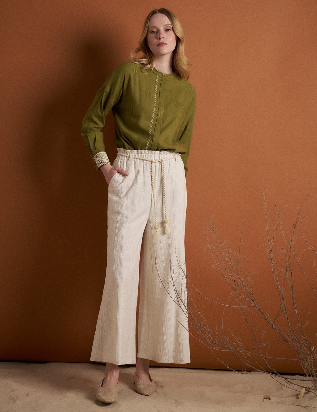 Elastic Waist Wide Leg Pants Ecru