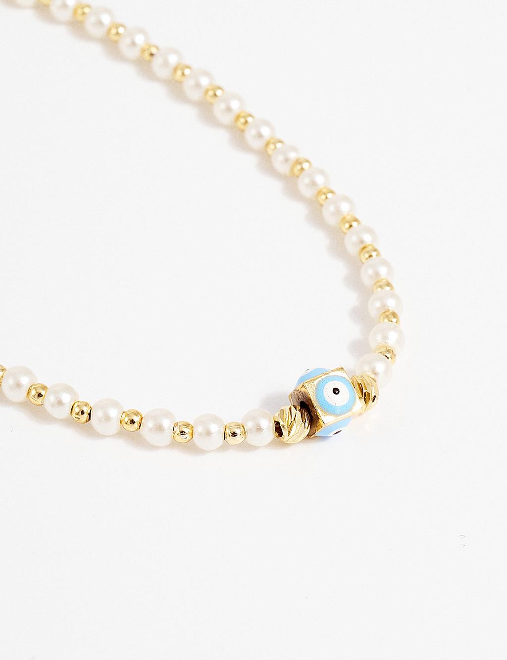 Pearl Evil Eye Bead Figured Necklace Gold