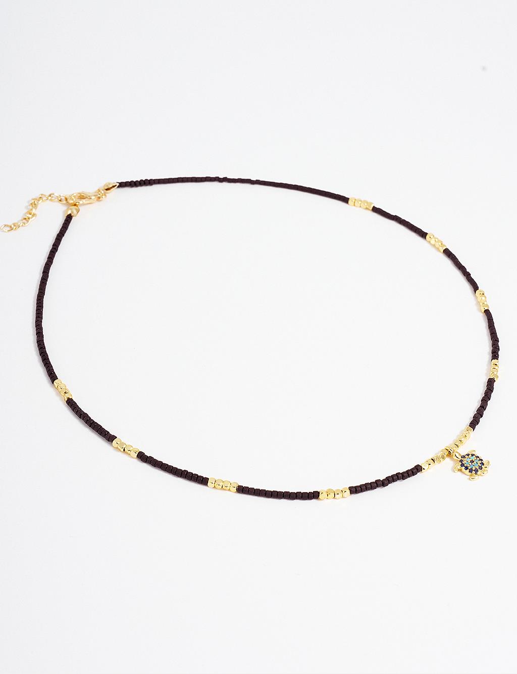 Beaded Turtle Figure Necklace Gold