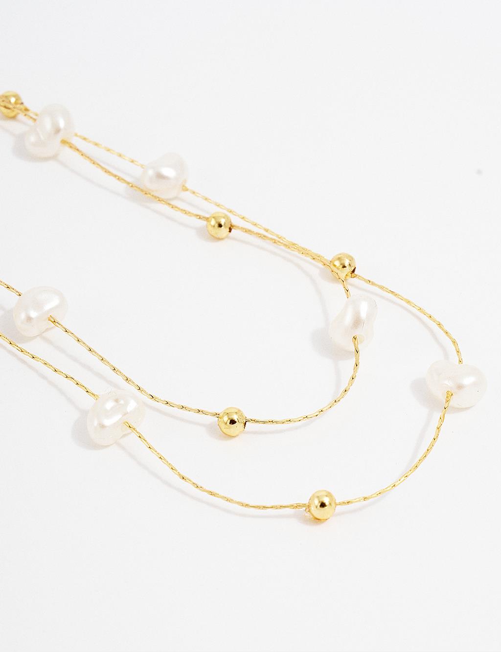 Pearl Detailed Double Look Necklace Gold