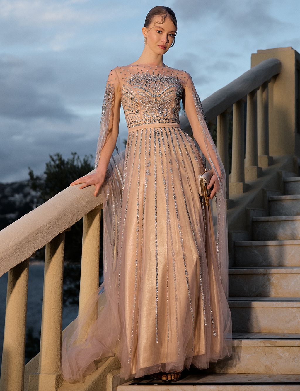 Embroidered Boat Neck Evening Gown Mink