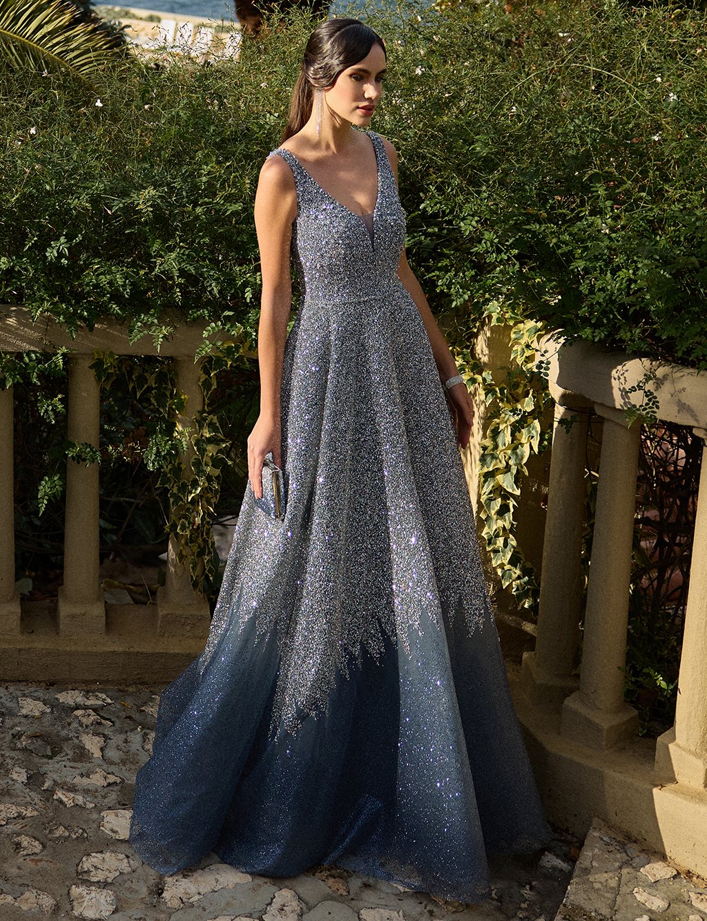 Embroidered Deep V Neck Evening Dress in Silver-Granite Blue