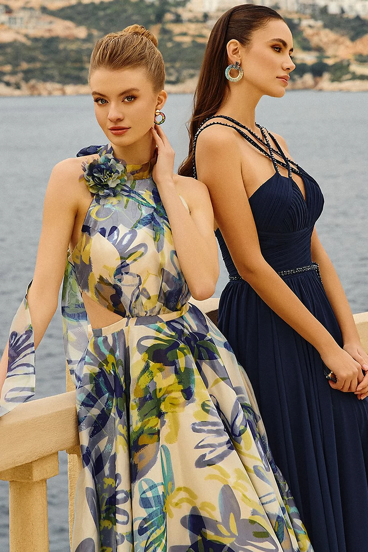 Floral Patterned Frilly Evening Dress Blue