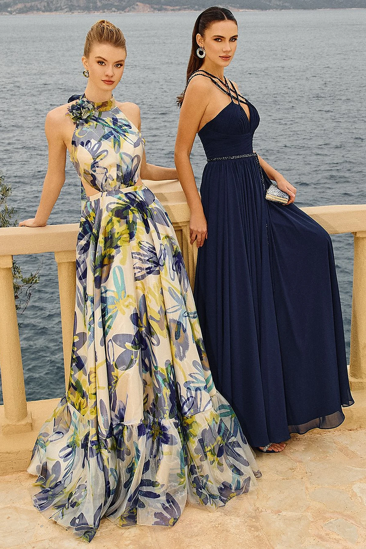 Floral Patterned Frilly Evening Dress Blue