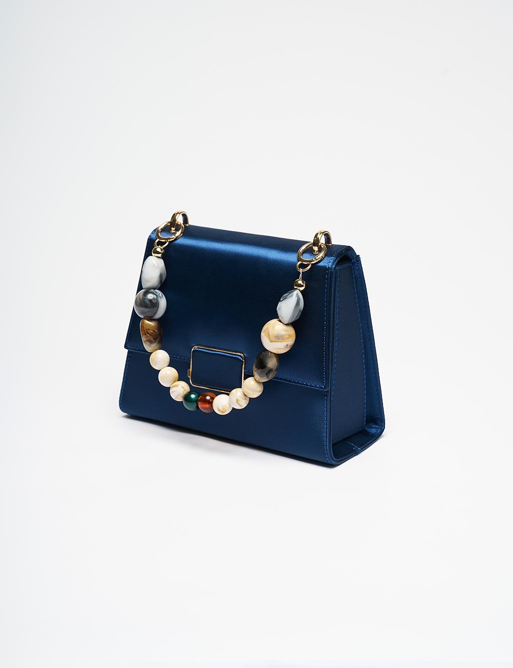 Beaded Cover Satin Bag with Metal Accessories Indigo