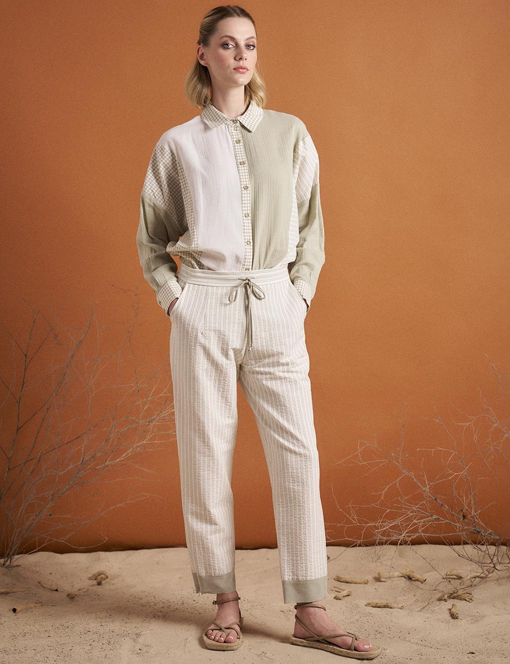 Beli Lastikli Doğal Kumaş Pantolon Küf Yeşili-Optik Beyaz 