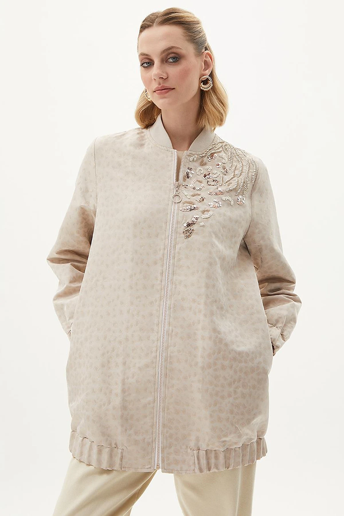 Sequin Embellished Bomber Jacket Stone