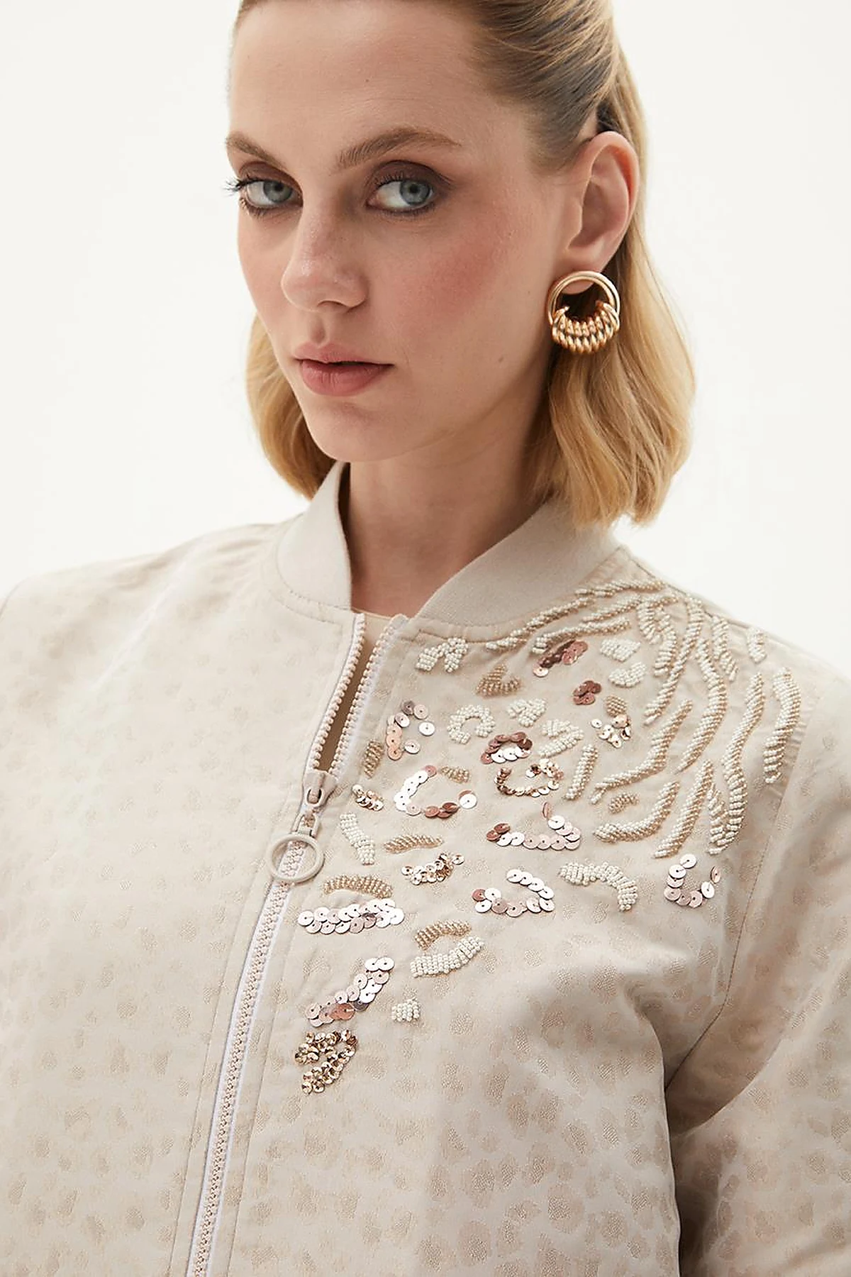 Sequin Embellished Bomber Jacket Stone