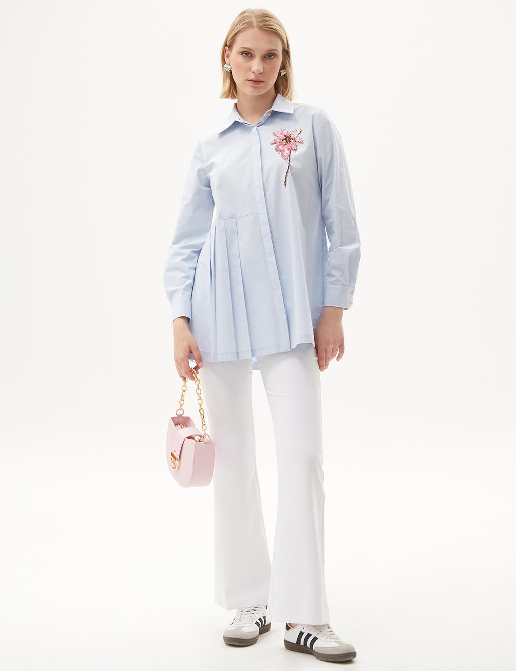 Floral Embroidered Pleated Poplin Tunic Blue