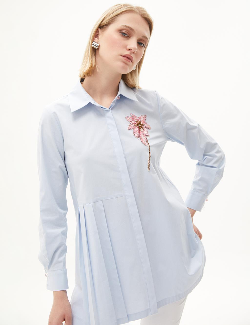 Floral Embroidered Pleated Tunic Blue