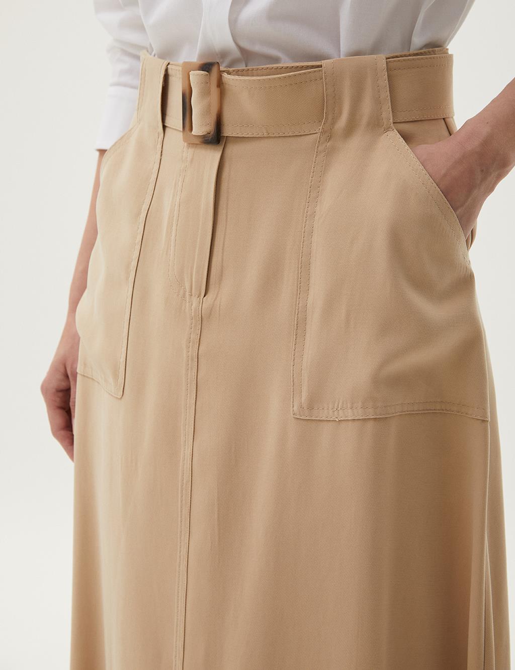 Pocket Detailed A-Line Skirt Beige