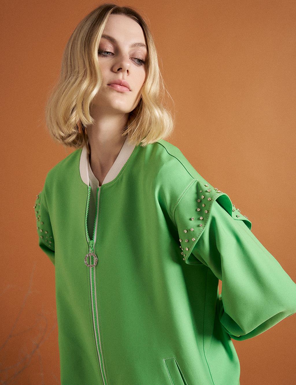 College Collar Jacket Clover Green with Embroidered Sleeves