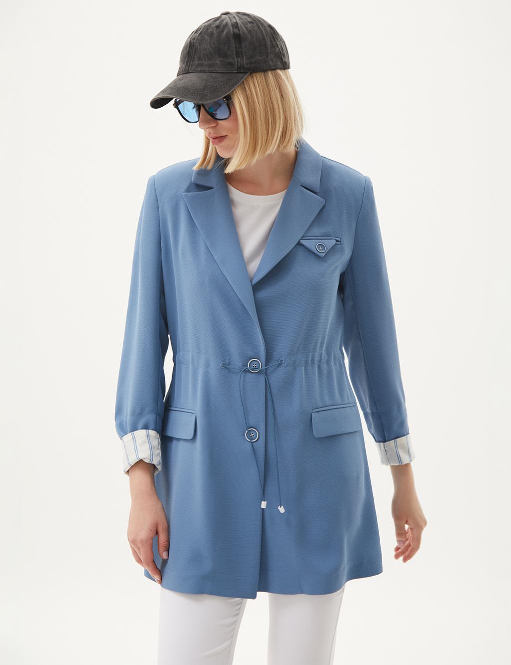 Buttoned Waist Gathered Jacket Crown Blue