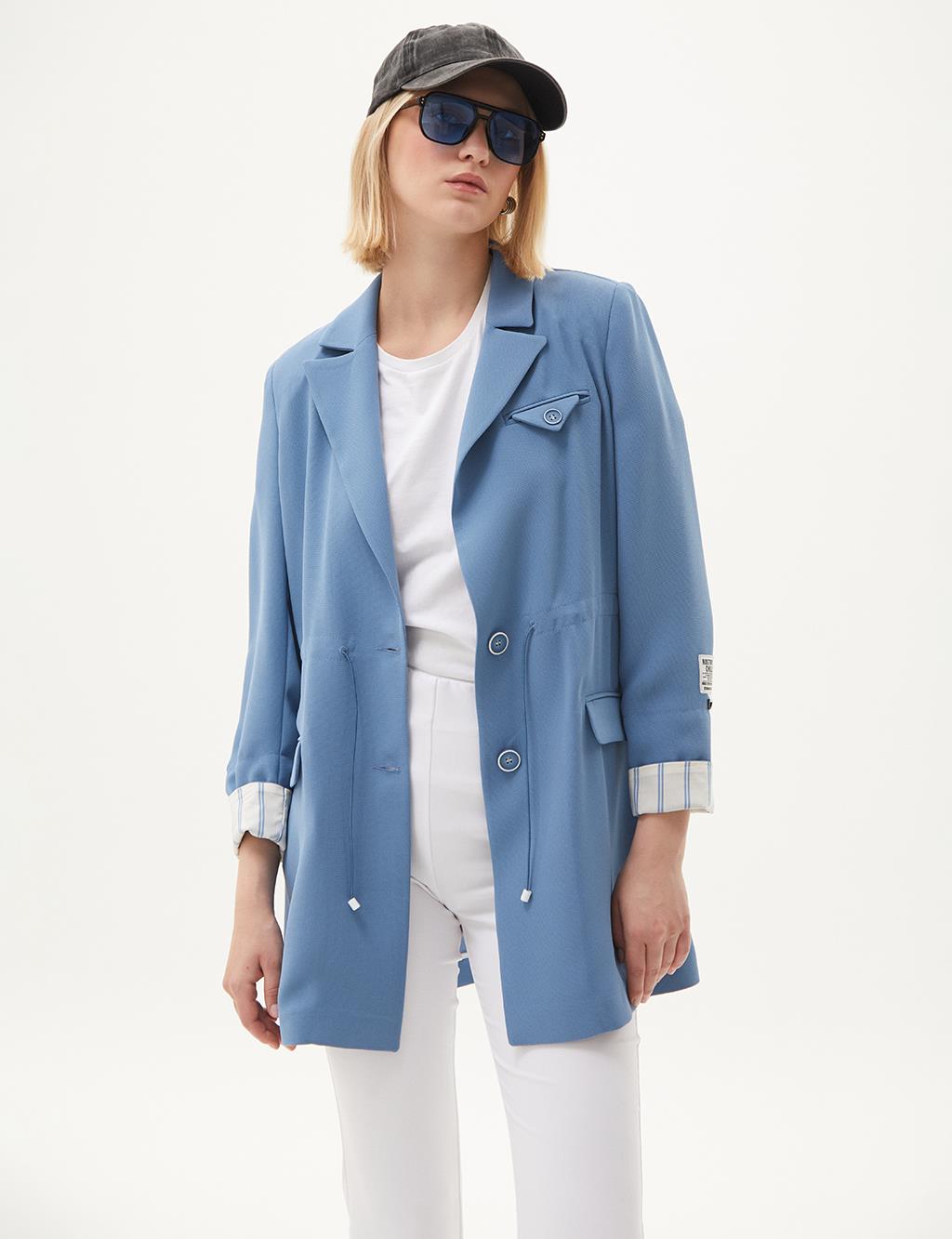 Buttoned Waist Gathered Jacket Crown Blue