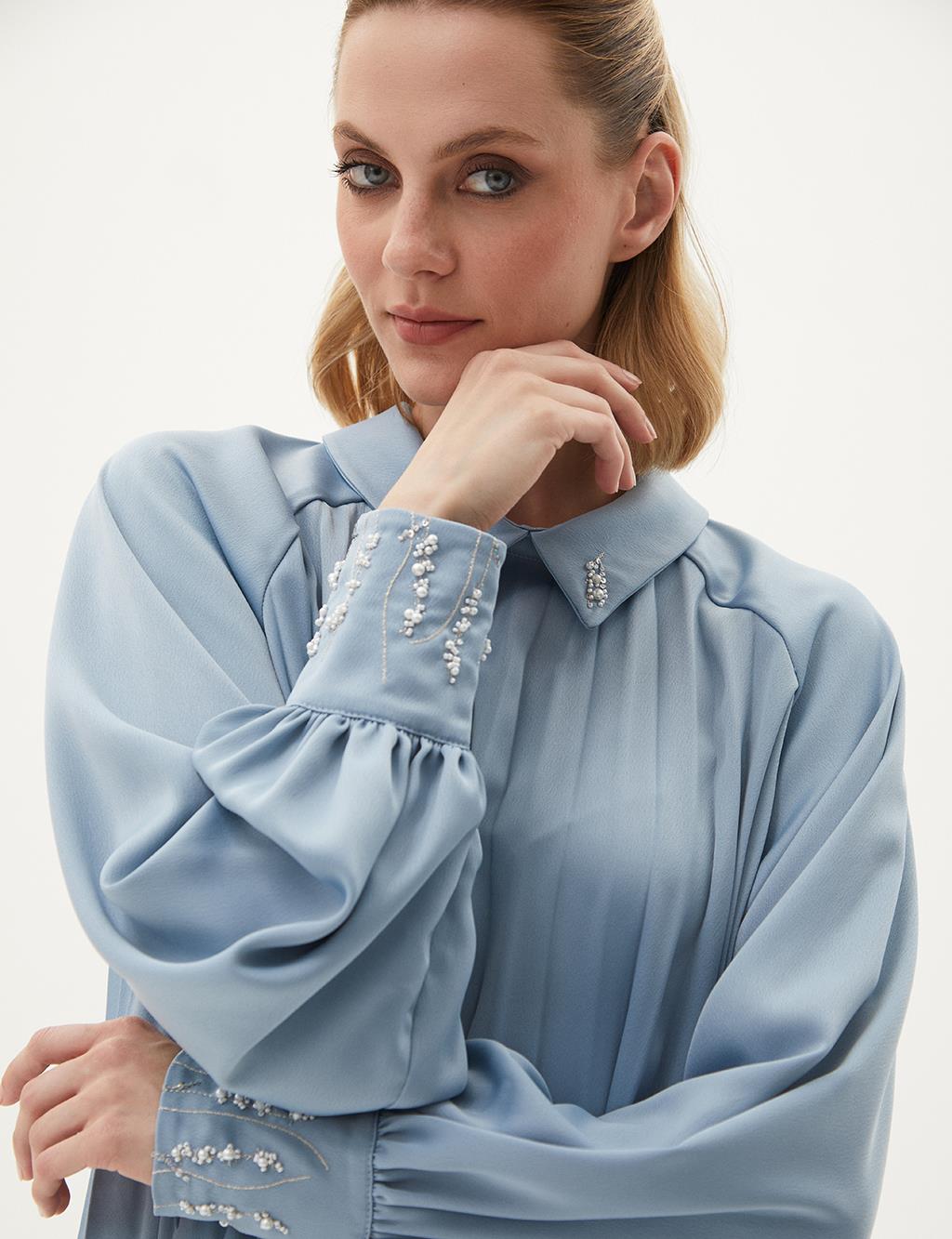  Embroidered Sleeves Satin Tunic Sea Ice 