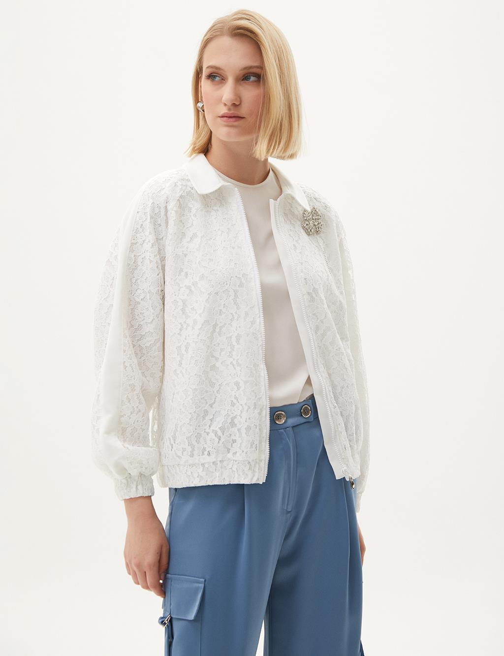 Lace Fitted Bomber Jacket Optical White