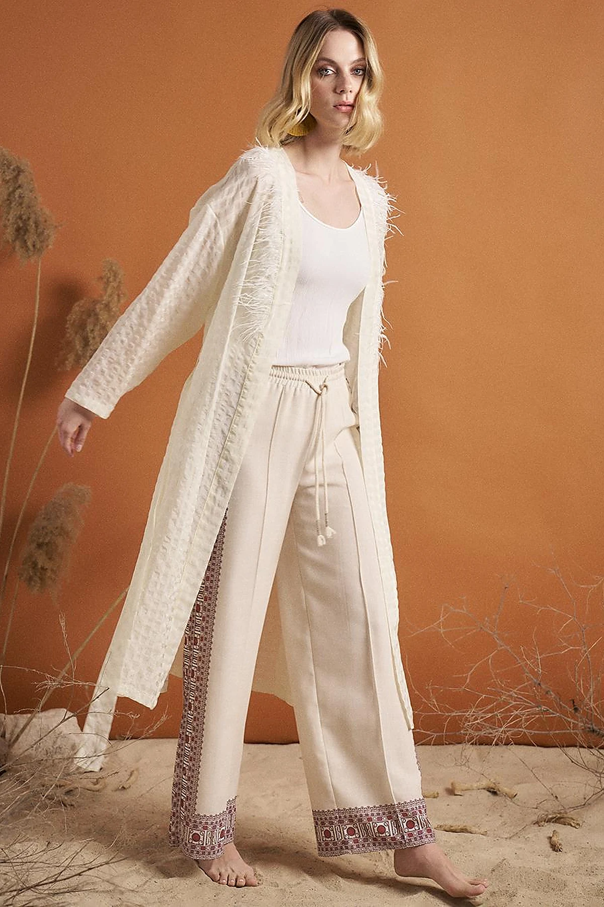 Gingham Feather Detail Kimono Optical White