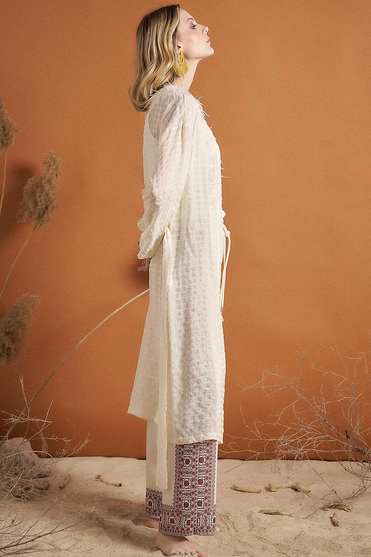 Gingham Feather Detail Kimono Optical White