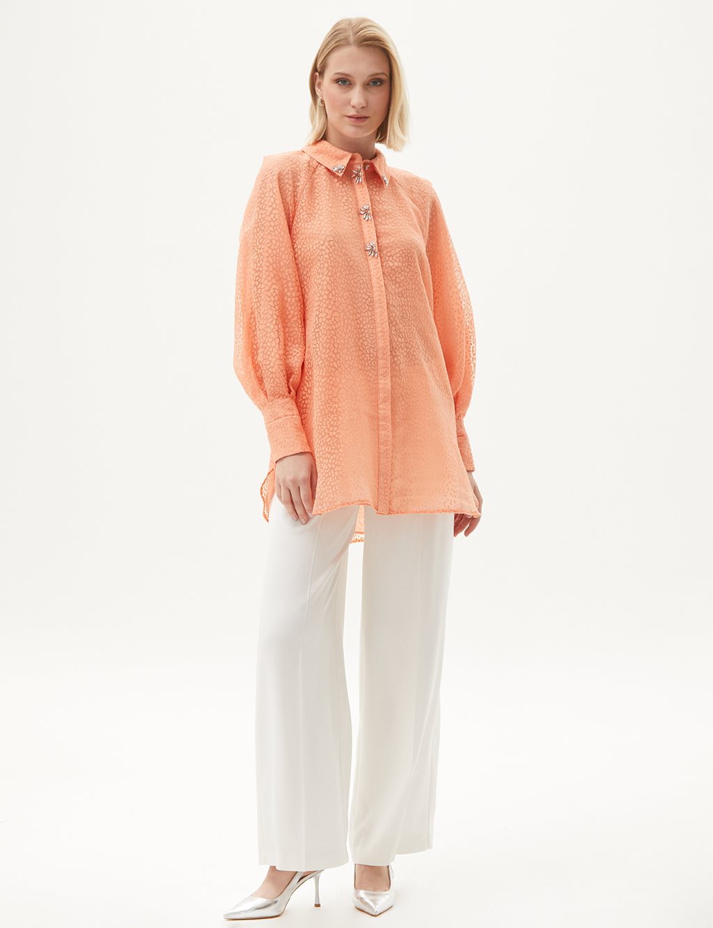 Stone Embroidered Gathered Tunic Peach