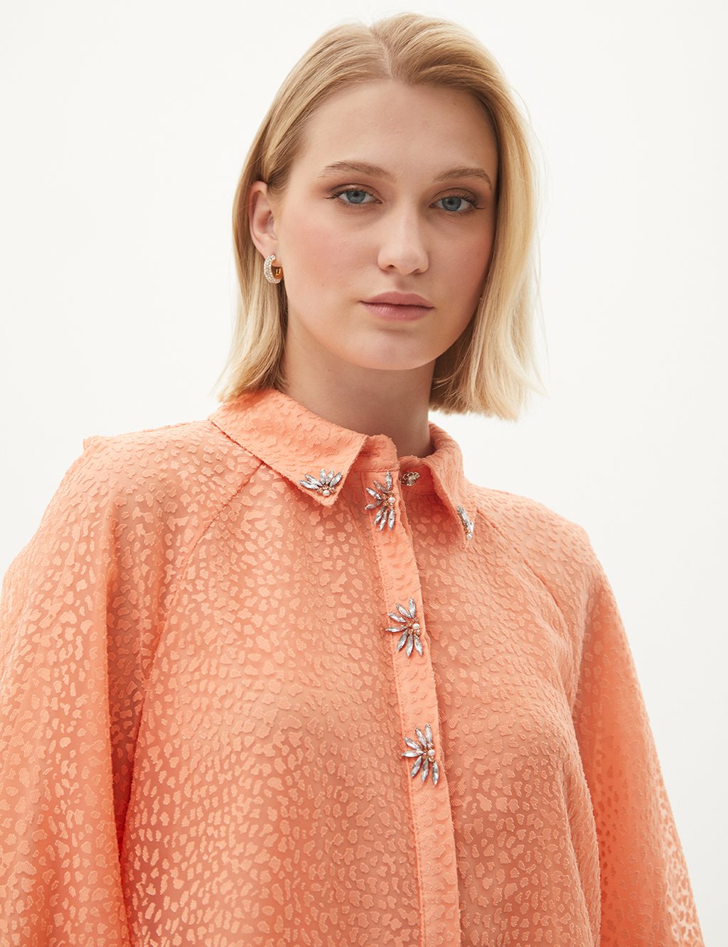 Stone Embroidered Gathered Tunic Peach
