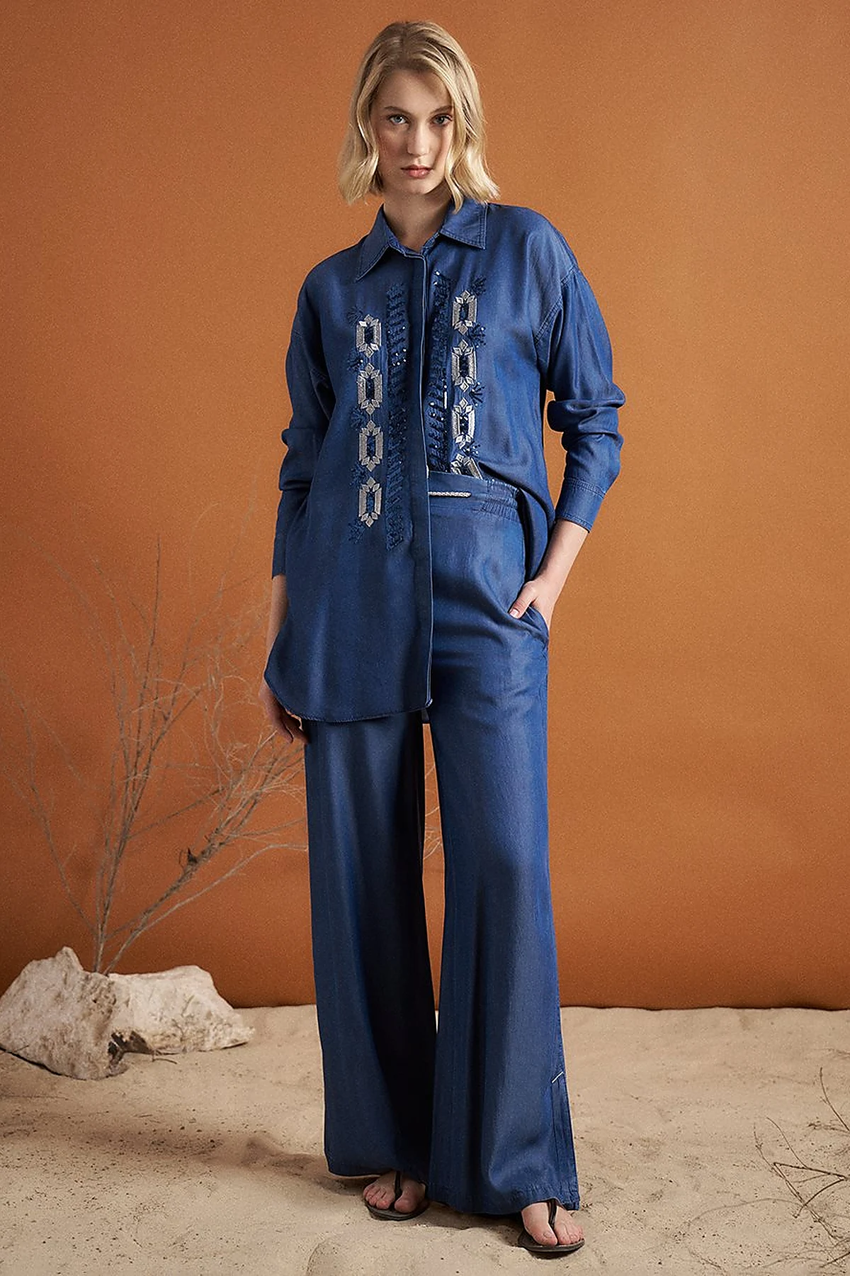 Embroidery and Sequin Embroidered Double Set Indigo