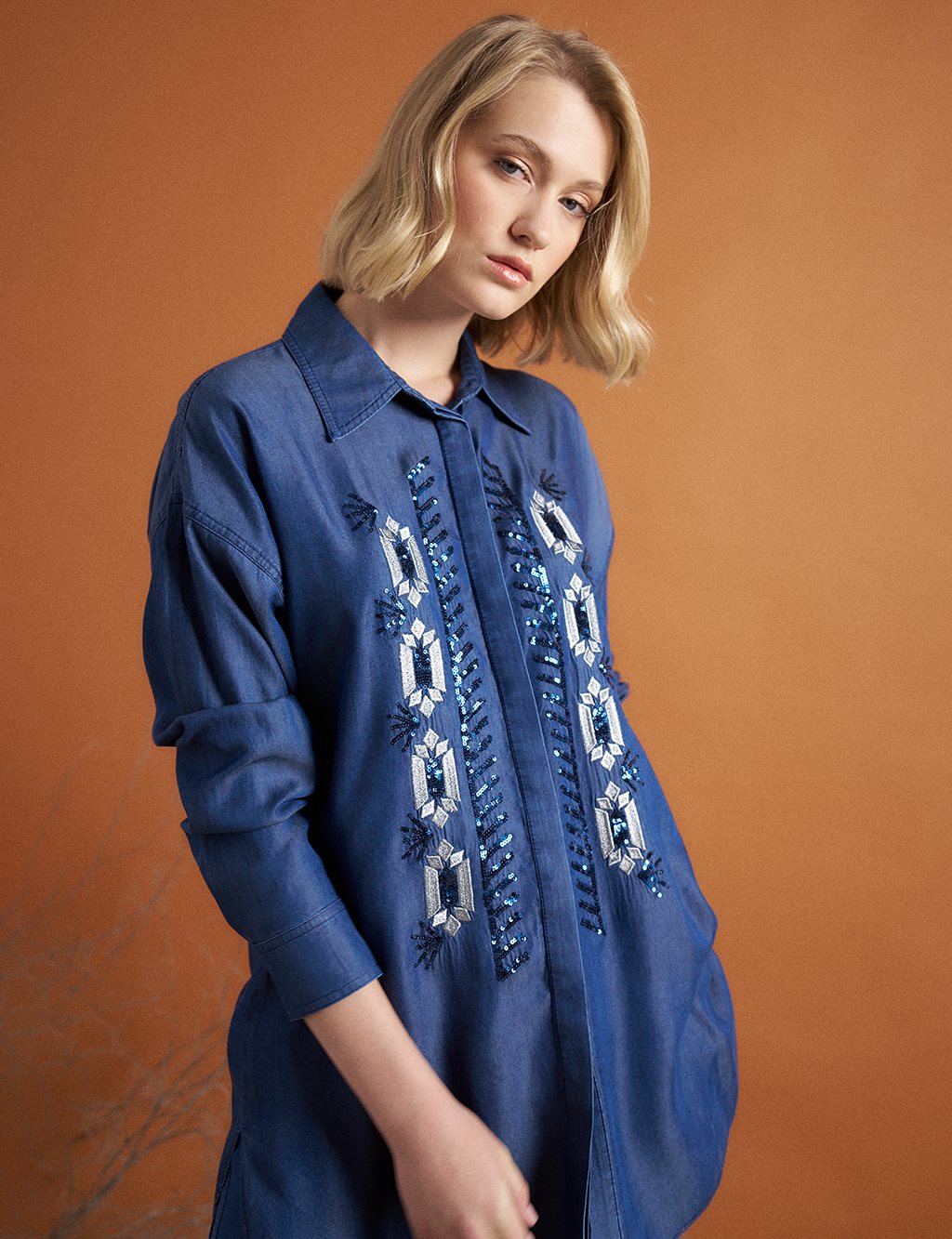 Embroidery and Sequin Embroidered Double Set Indigo