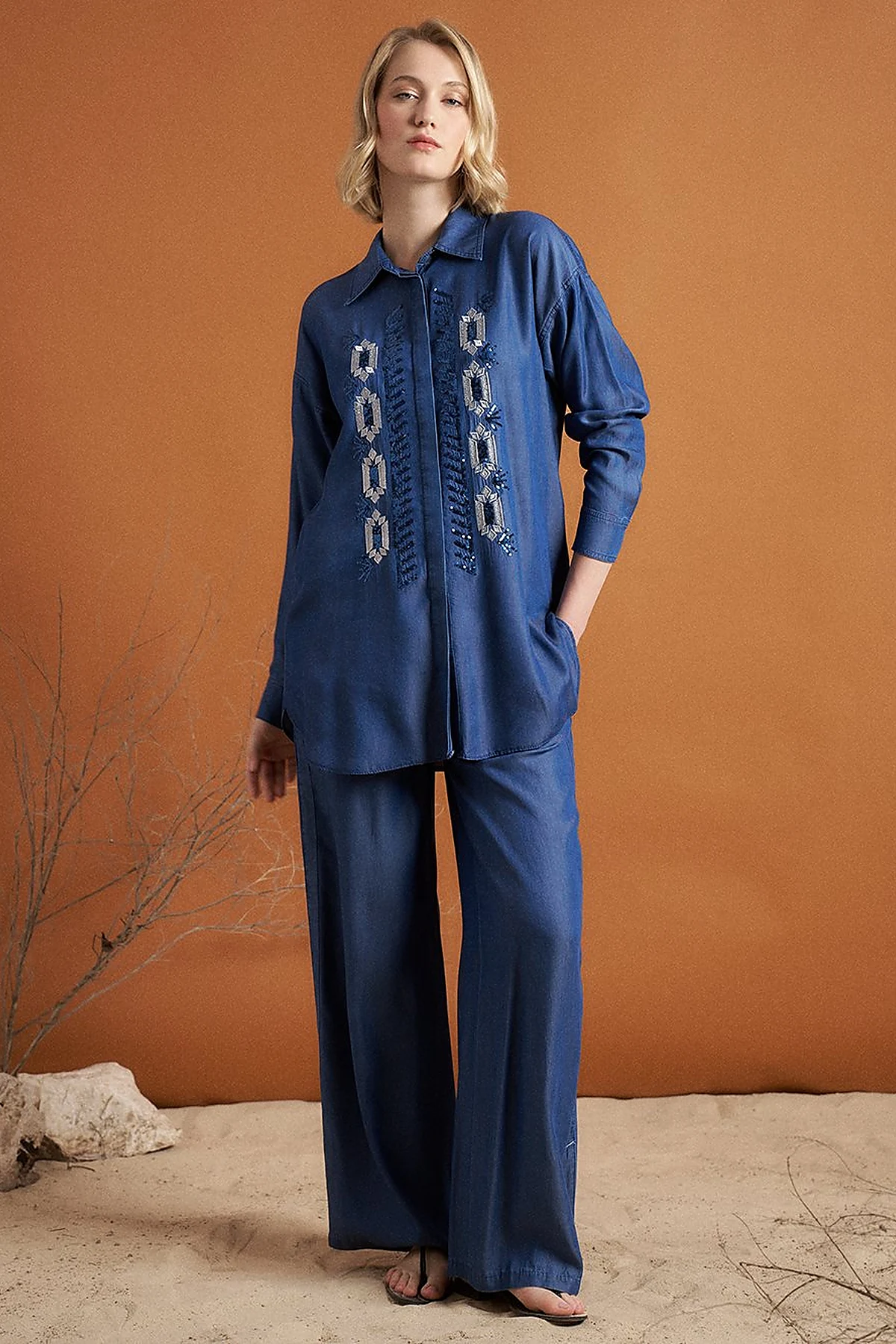 Embroidery and Sequin Embroidered Double Set Indigo