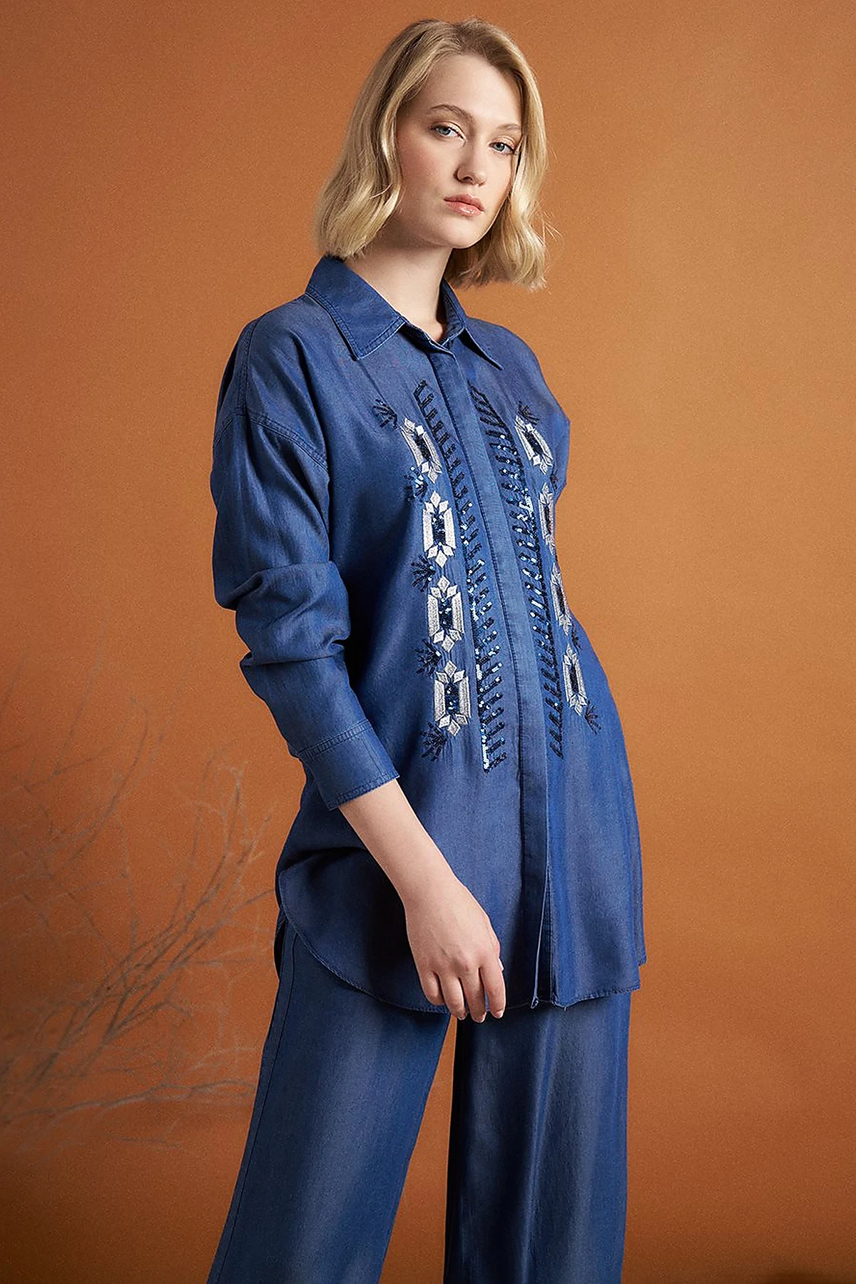 Embroidery and Sequin Embroidered Double Set Indigo