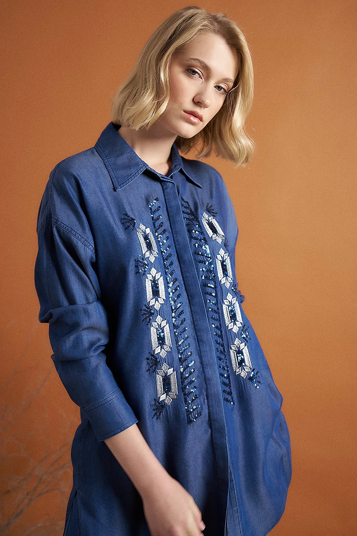 Embroidery and Sequin Embroidered Double Set Indigo