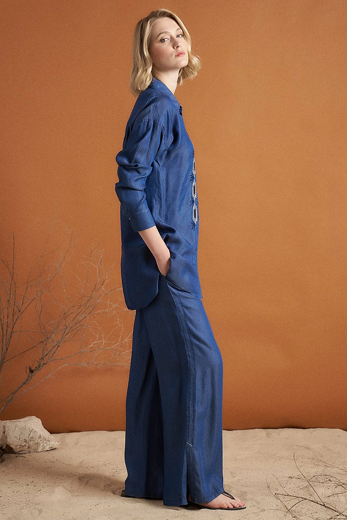 Embroidery and Sequin Embroidered Double Set Indigo