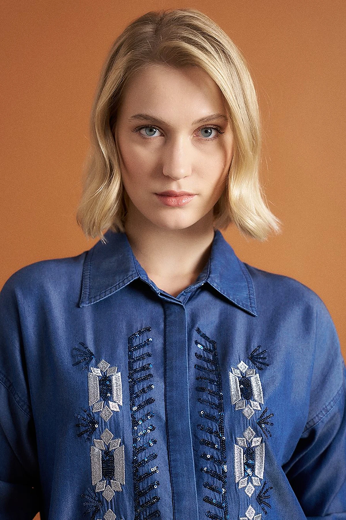 Embroidery and Sequin Embroidered Double Set Indigo