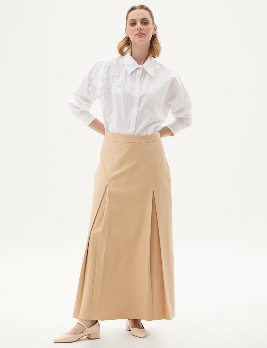 Front Double Pleated Skirt Beige