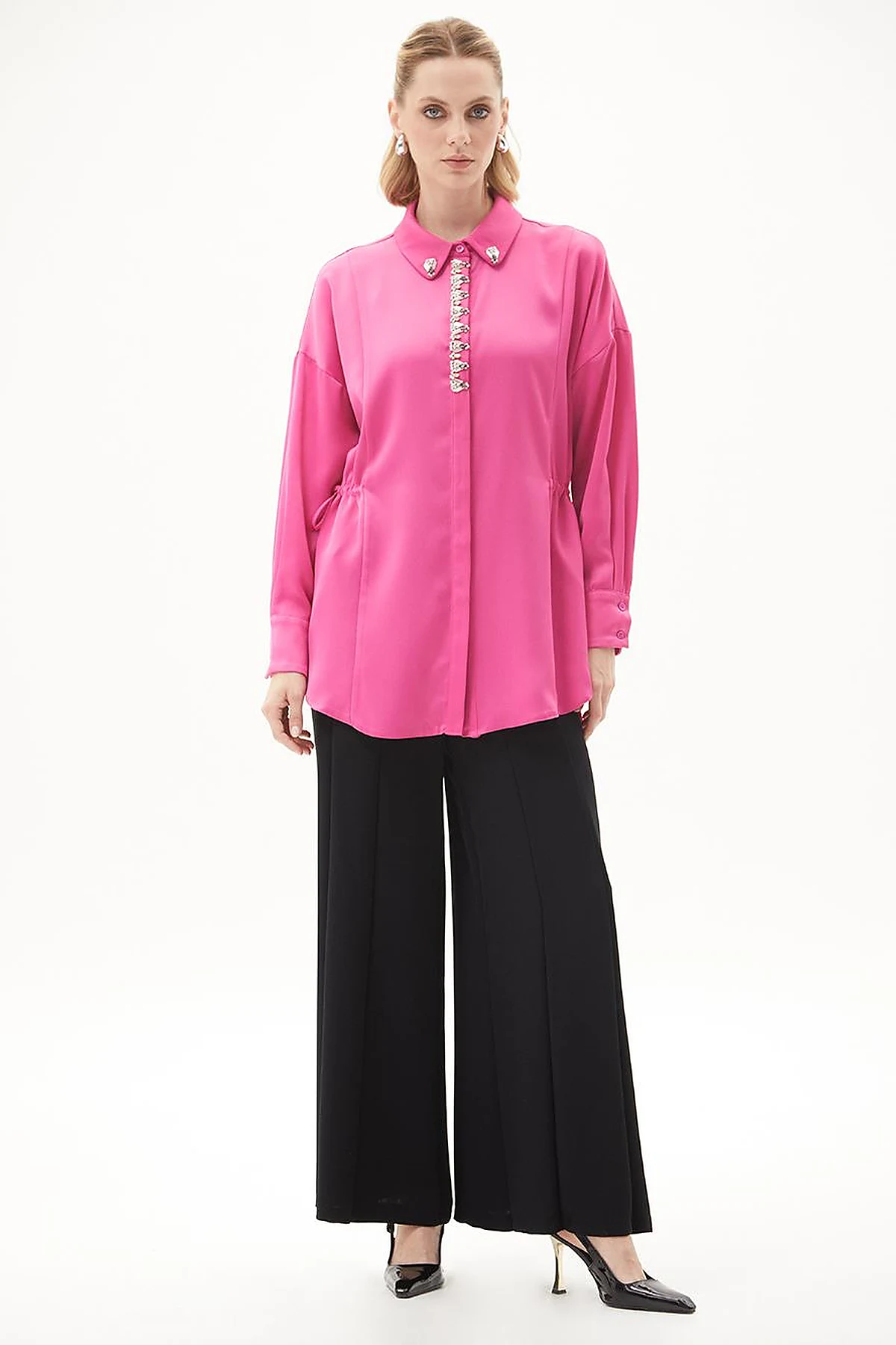 Embroidered Satin Tunic Fuchsia